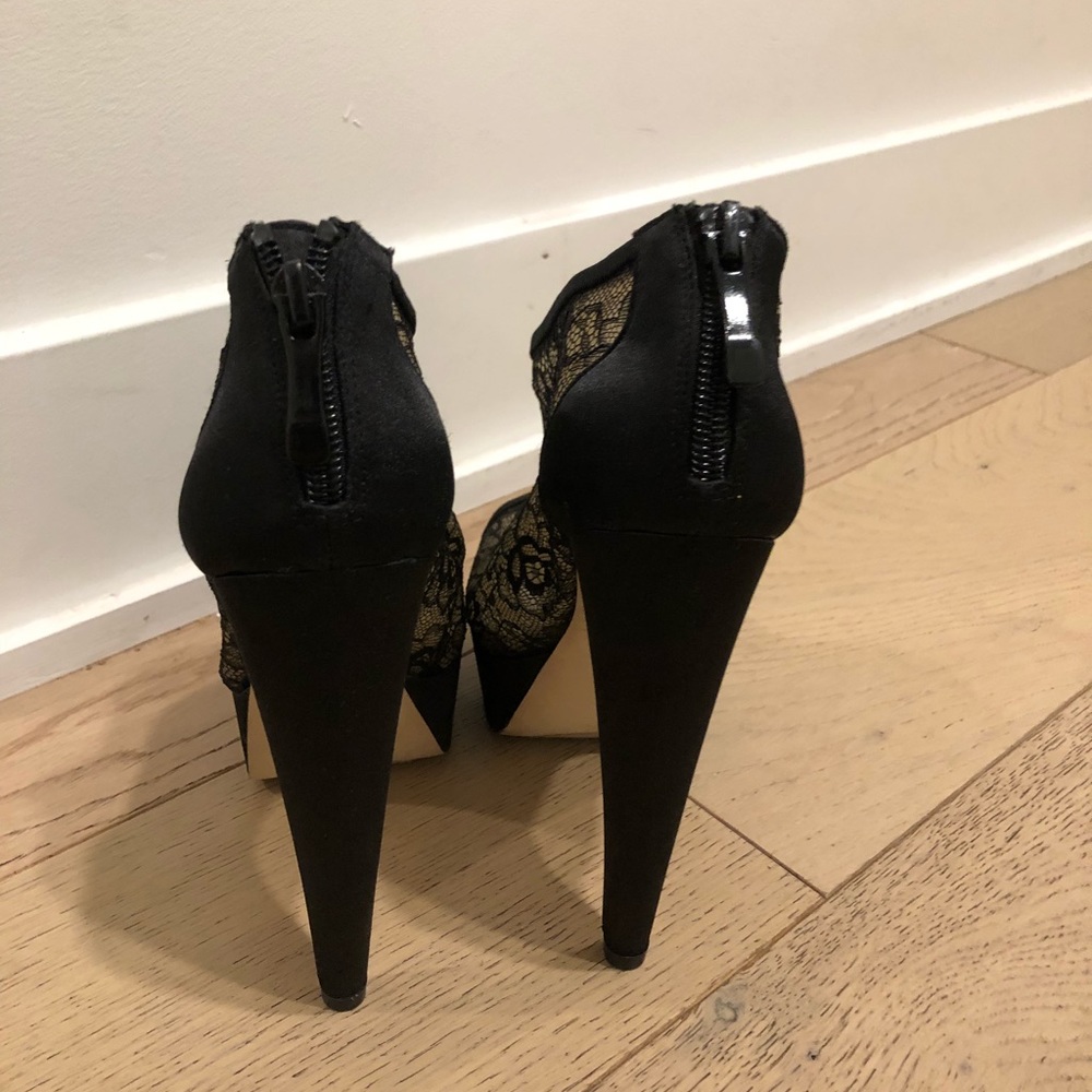 Bebe lace booties heels black satin platform 7 - Picture 5 of 7
